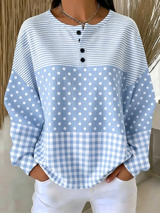 Crew Neck Regular Fit Casual Polka Dots Waffle Sweatshirt