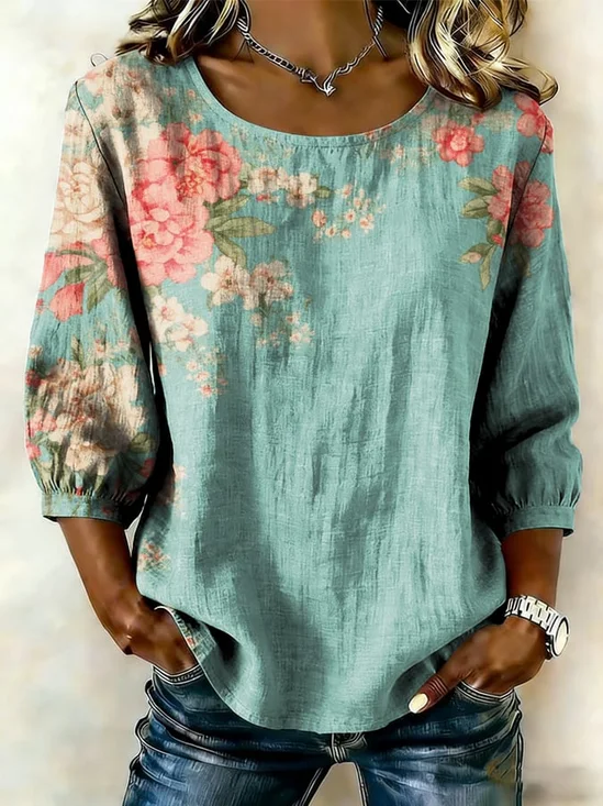 Women's Half Sleeve Blouse Summer Green Floral Printing Crew Neck Daily Going Out Vintage Top