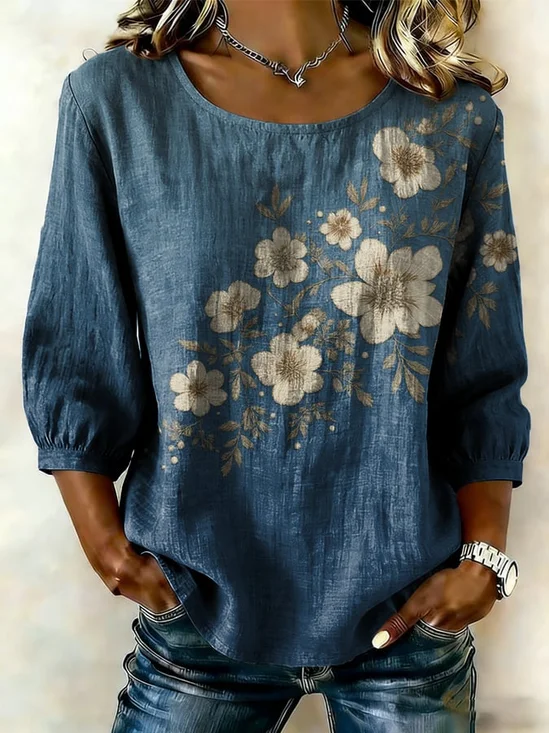 Women's Half Sleeve Blouse Summer Blue Floral Printing Crew Neck Daily Going Out Vintage Top