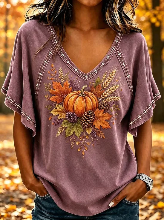 Women's Short Sleeve T-shirt Summer Purple Maple Leaf V Neck Daily Going Out Casual Top