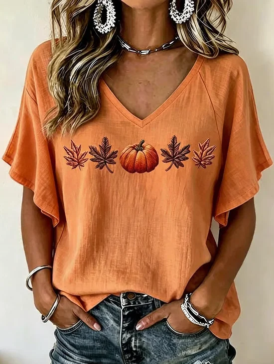 Women's Short Sleeve T-shirt Summer Orange Pumpkin Pattern V Neck Daily Going Out Casual Top