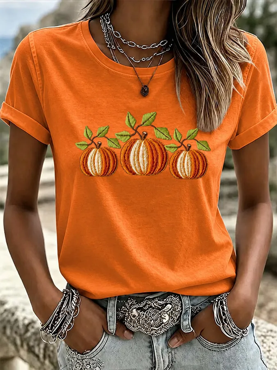 Women's Short Sleeve T-shirt Summer Orange Pumpkin Pattern Printing Jersey Crew Neck Daily Going Out Casual Top