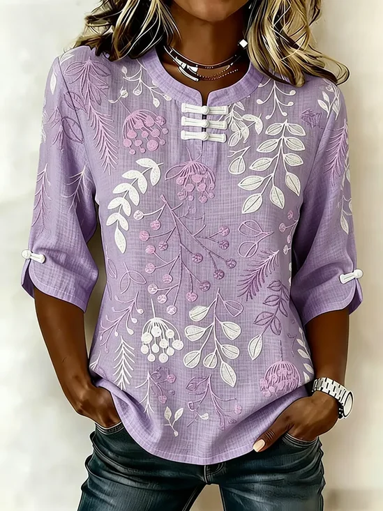 Women's Half Sleeve Blouse Summer Purple Floral Printing Mandarin Collar Daily Going Out Vintage Top
