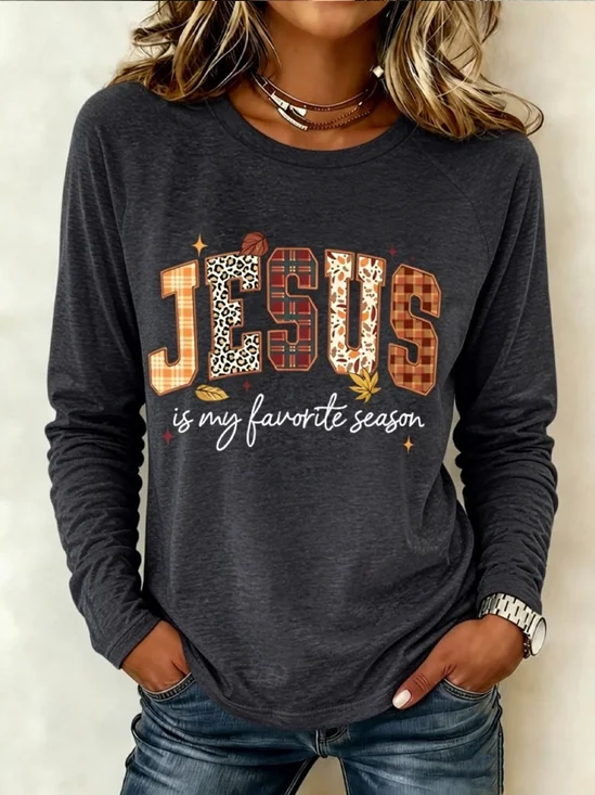 Letter Fall Leaf Crew Neck Casual Long Sleeve Tee