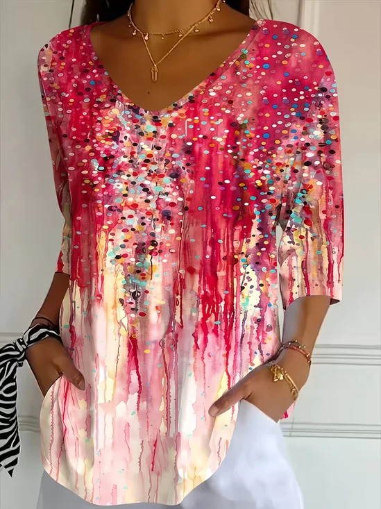 Women's Three Quarter Sleeve T-shirt Spring/Fall Pink Abstract Printing V Neck Daily Going Out Casual Top