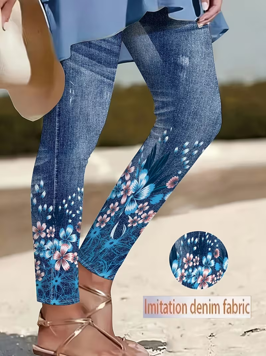 Casual Tight Printing Faux Denim Print Graphic Leggings