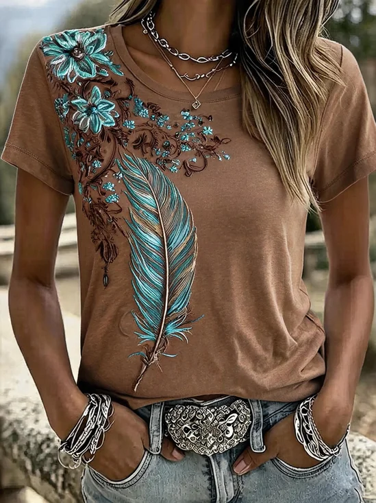 Feather Floral Crew Neck Western Aesthetic  T-Shirt