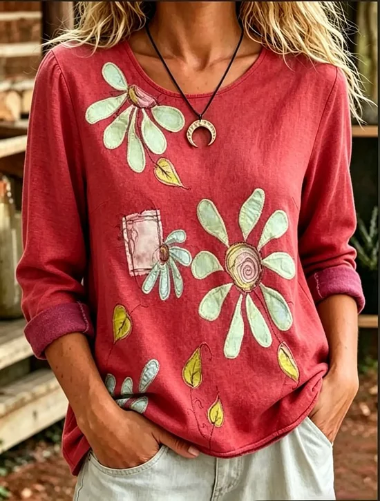 Daisy Leaf Crew Neck Oversized Daily Blouse