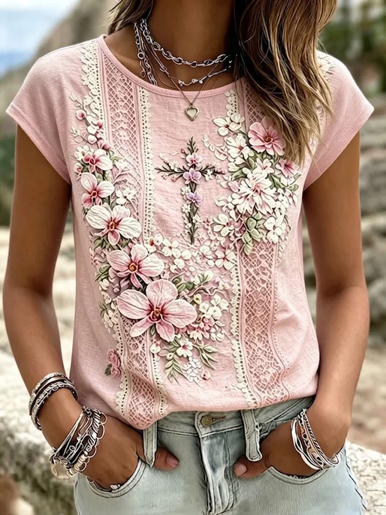 Women's Short Sleeve T-shirt Summer Pink Floral Printing Crew Neck Daily Going Out Casual Top