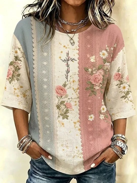 Women's Half Sleeve Blouse Summer As Picture Floral Printing Crew Neck Daily Going Out Vintage Top