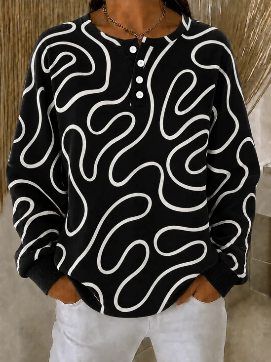 Henley Collar Casual Abstract Stripes Sweatshirt