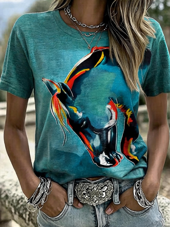 Watercolor Horse Head Crew Neck Unique American Style T-Shirt