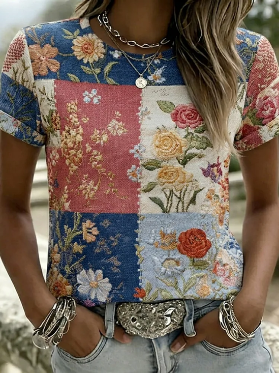 Rose Floral Patch Crew Neck Retro Casual Tee