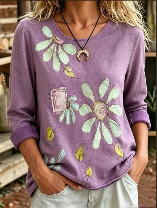 Daisy Leaf Crew Neck Oversized Daily Blouse