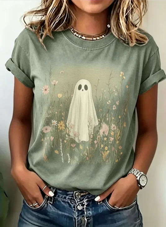 Floral Ghost Vintage Crew Neck Basic Tee