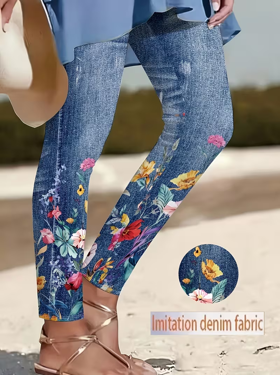 Faux Denim Print Graphic Casual Tight Printing Leggings