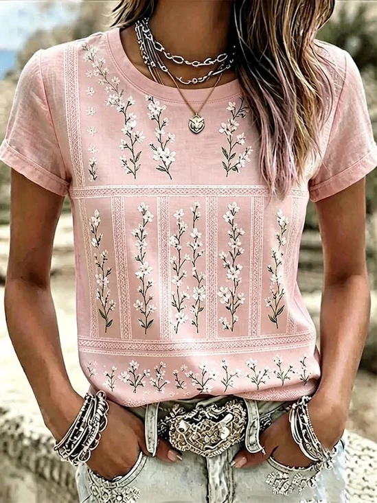 Women's Short Sleeve T-shirt Summer Pink Floral Printing Crew Neck Daily Going Out Casual Top