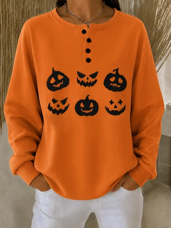 Halloween Henley Collar Casual Sweatshirt