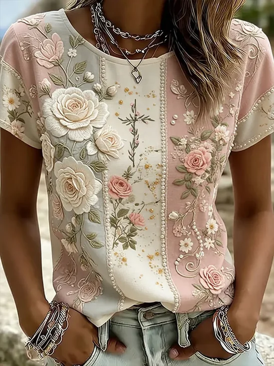 Women's Short Sleeve T-shirt Summer Pink Floral Printing Crew Neck Daily Going Out Casual Top