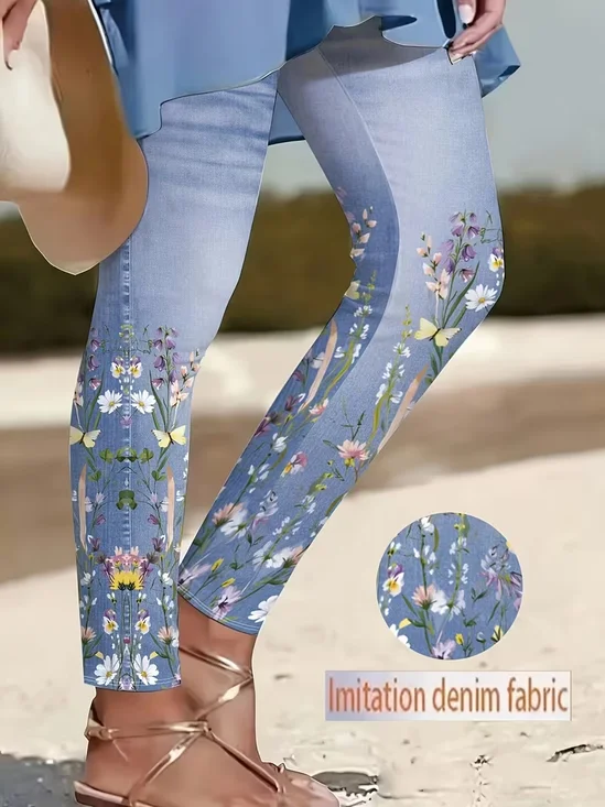 Faux Denim Print Graphic Jersey Printing Casual Leggings