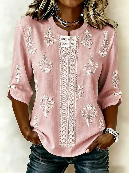 Women's Half Sleeve Blouse Summer Pink Floral Printing Mandarin Collar Daily Going Out Vintage Top