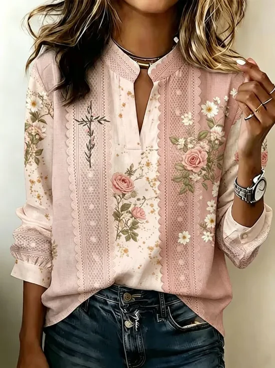 Women's Long Sleeve Blouse Spring/Fall Pink Floral Printing V Neck Daily Going Out Vintage Top