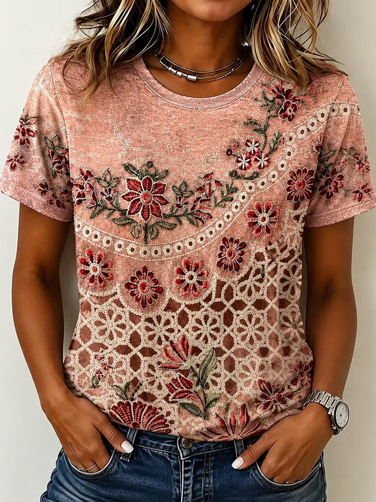 Women's Short Sleeve T-shirt Summer Pink Floral Printing Crew Neck Daily Going Out Casual Top
