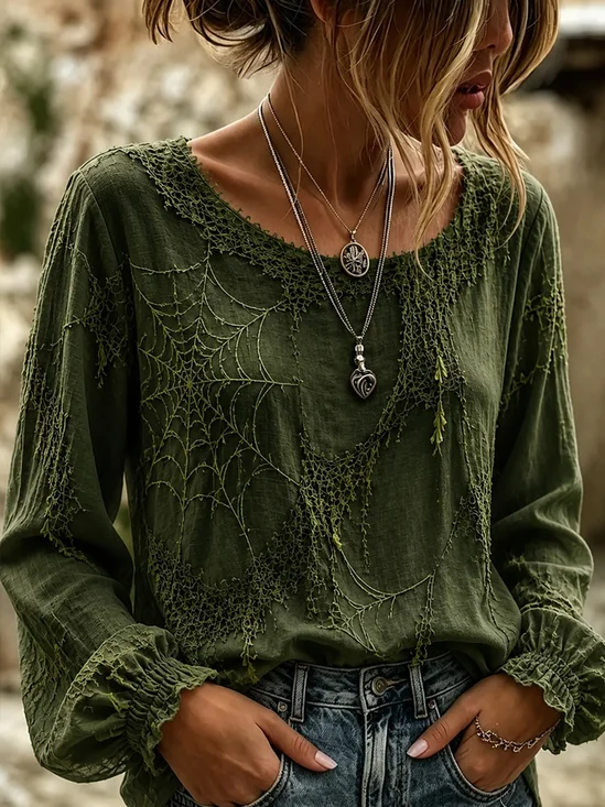 Spider Web Vine Crew Neck Western Halloween Loose Blouse