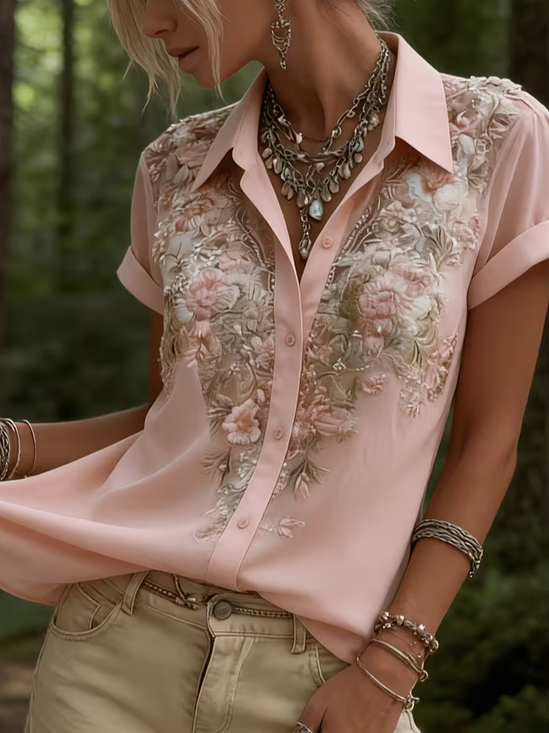 Women's Short Sleeve Shirt Summer Pink Floral Printing Shirt Collar Daily Going Out Casual Top