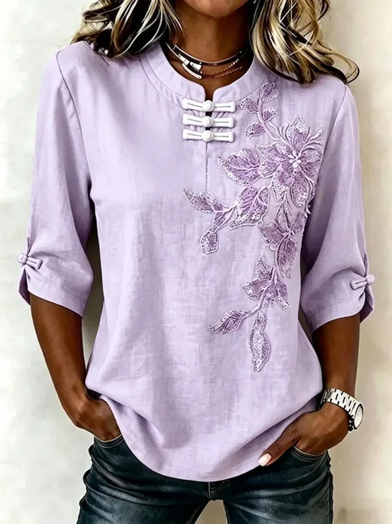 Women's Half Sleeve Blouse Summer Purple Floral Printing Mandarin Collar Daily Going Out Vintage Top
