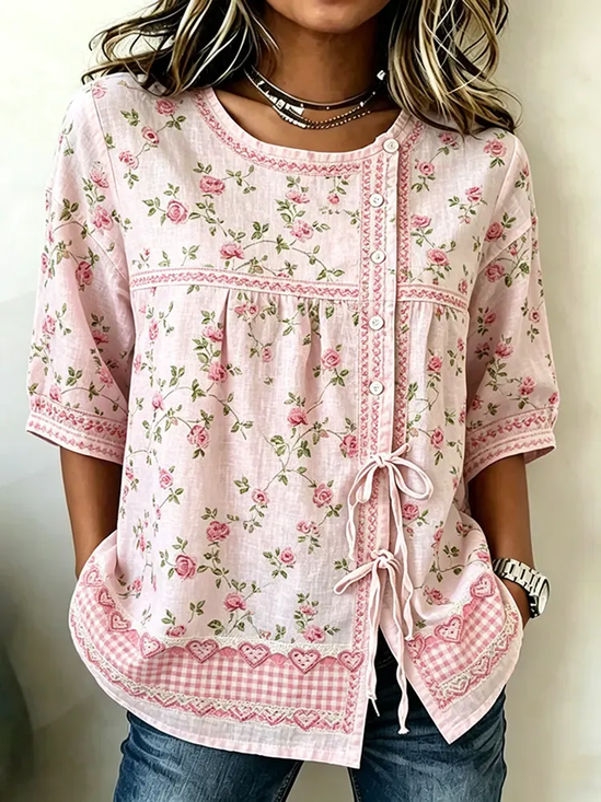 Women's Half Sleeve Shirt Summer Pink Floral Crew Neck Daily Going Out Vintage Top
