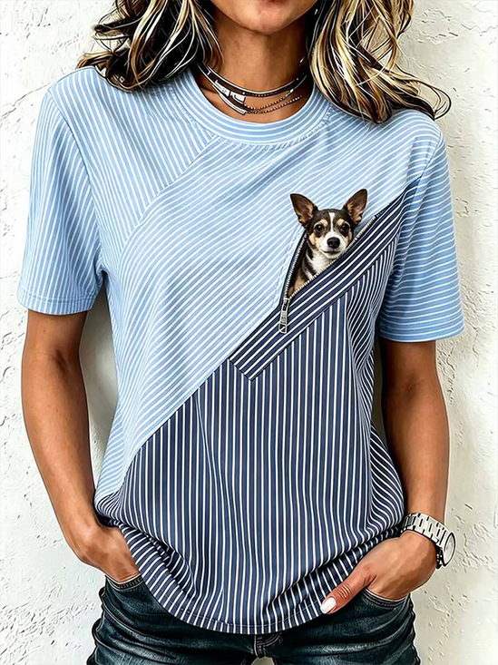 Women's Short Sleeve T-shirt Summer Blue Striped Printing Crew Neck Daily Going Out Casual Top