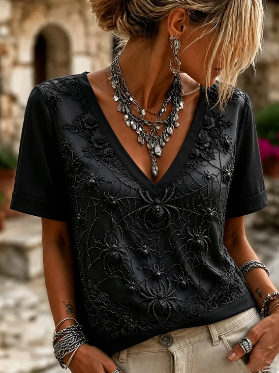 Spider Web Spider Rose V Neck Halloween Casual T-Shirt