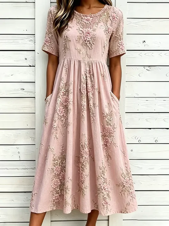 Women's Half Sleeve Summer Pink Floral Printing Crew Neck Daily Going Out Casual Maxi H-Line Dress