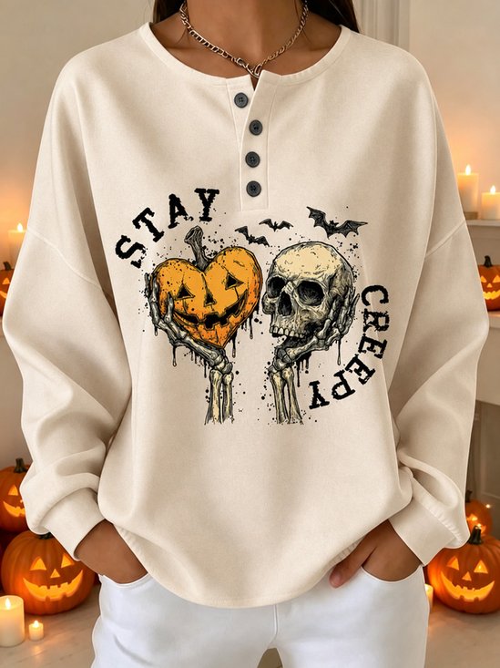 Skeleton Hand Pumpkin Bat Henley Halloween Long Sleeve Top