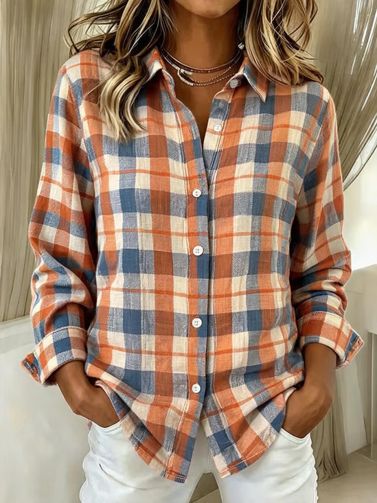 Women's Long Sleeve Shirt Spring/Fall As Picture Plaid Buckle Shirt Collar Regular Sleeve Daily Going Out Casual Top