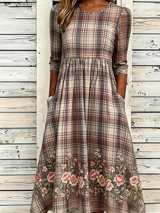 Women's Half Sleeve Summer Brown Floral Printing Crew Neck Daily Going Out Casual Maxi H-Line Dress