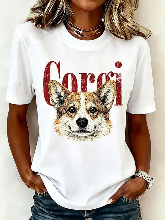 Vintage Corgi Head Letter Crew Neck Basic Tee