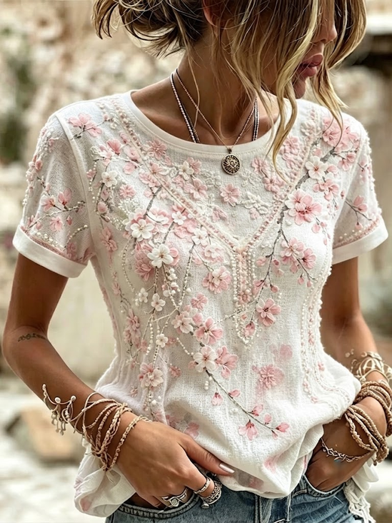 Women's Short Sleeve T-shirt Summer White Floral Printing Crew Neck Daily Going Out Casual Top