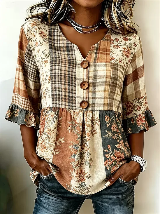 Women's Half Sleeve Blouse Summer As Picture Floral Printing V Neck Daily Going Out Vintage Top