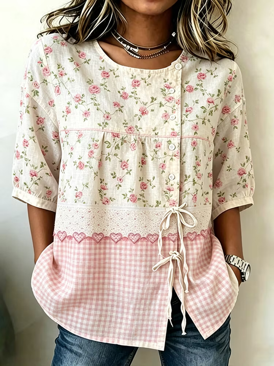 Women's Half Sleeve Shirt Summer Pink Floral Crew Neck Daily Going Out Vintage Top