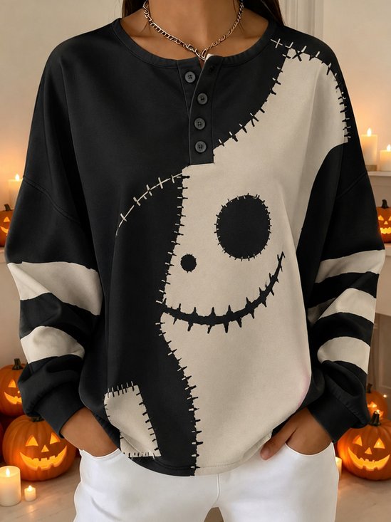 Skellington Henley Halloween Oversized Sweatshirt