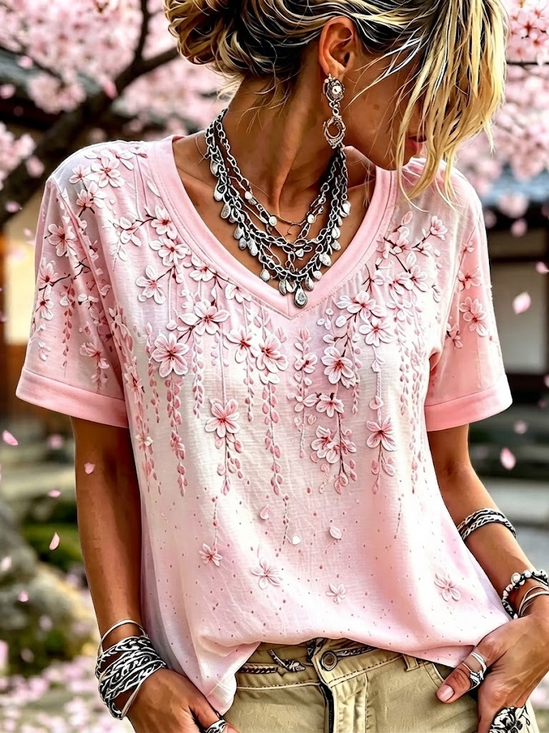 Women's Short Sleeve T-shirt Summer Pink Floral Printing V Neck Holiday Going Out Vintage Top