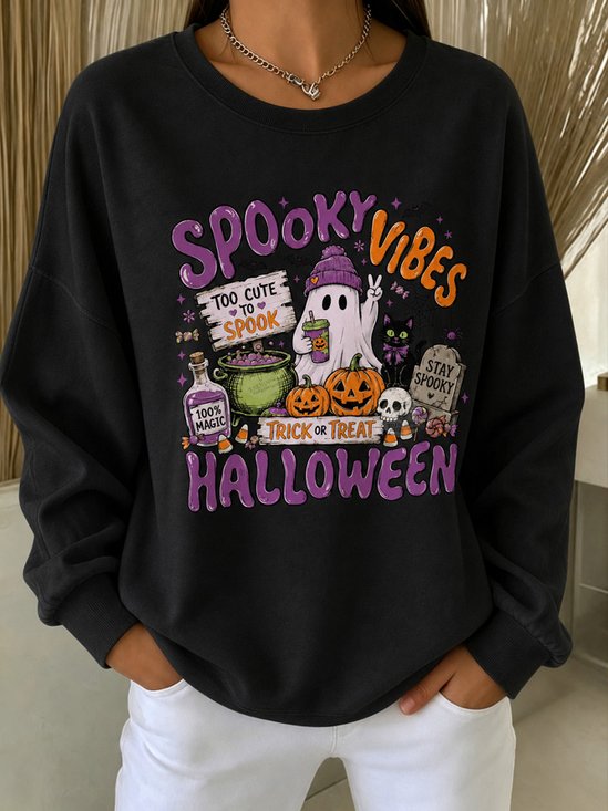 Ghost Pumpkin Black Cat Halloween Slogan Crew Neck Retro Top