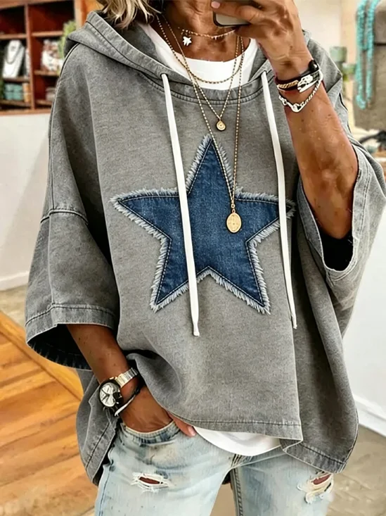 Frayed Star Patch Graphic Hooded Oversized 3/4 Sleeve Hoodie