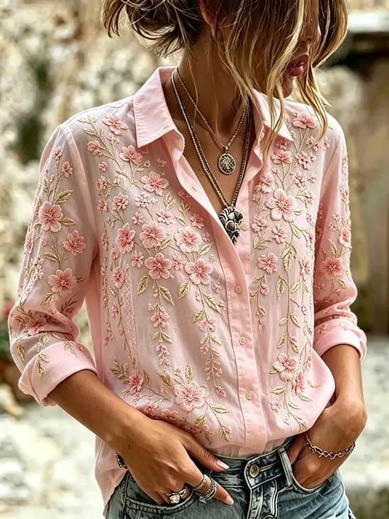 Women's Long Sleeve Shirt Spring/Fall Pink Floral Buckle Shirt Collar Regular Sleeve Daily Going Out Casual Top