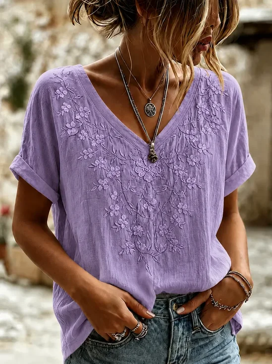 Women's Short Sleeve T-shirt Summer Purple Floral Printing V Neck Holiday Going Out Vintage Top