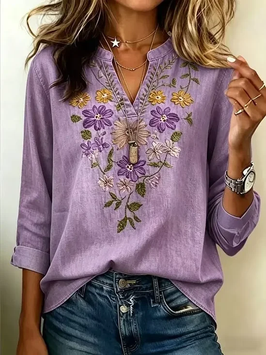 Women's Long Sleeve Blouse Spring/Fall Purple Floral Printing V Neck Daily Going Out Vintage Top