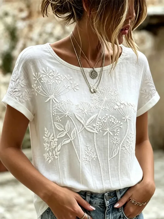 Women's Short Sleeve T-shirt Summer White Floral Printing Crew Neck Daily Going Out Casual Top