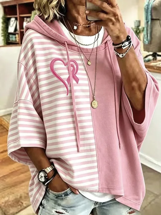 Stripe Color Block Heart Ribbon Hoodie